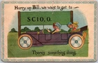 Hurry Up Bill We Want To Get To Scio O, Four People Riding Purple Car, Postcard