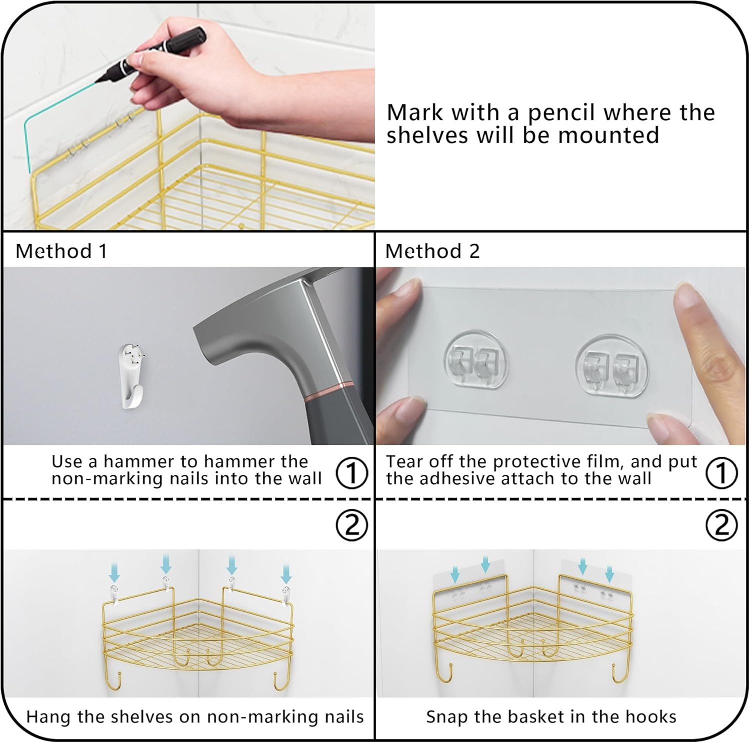  Corner Shower Rack with 4 Hooks, Double-Layer Stainless Steel 