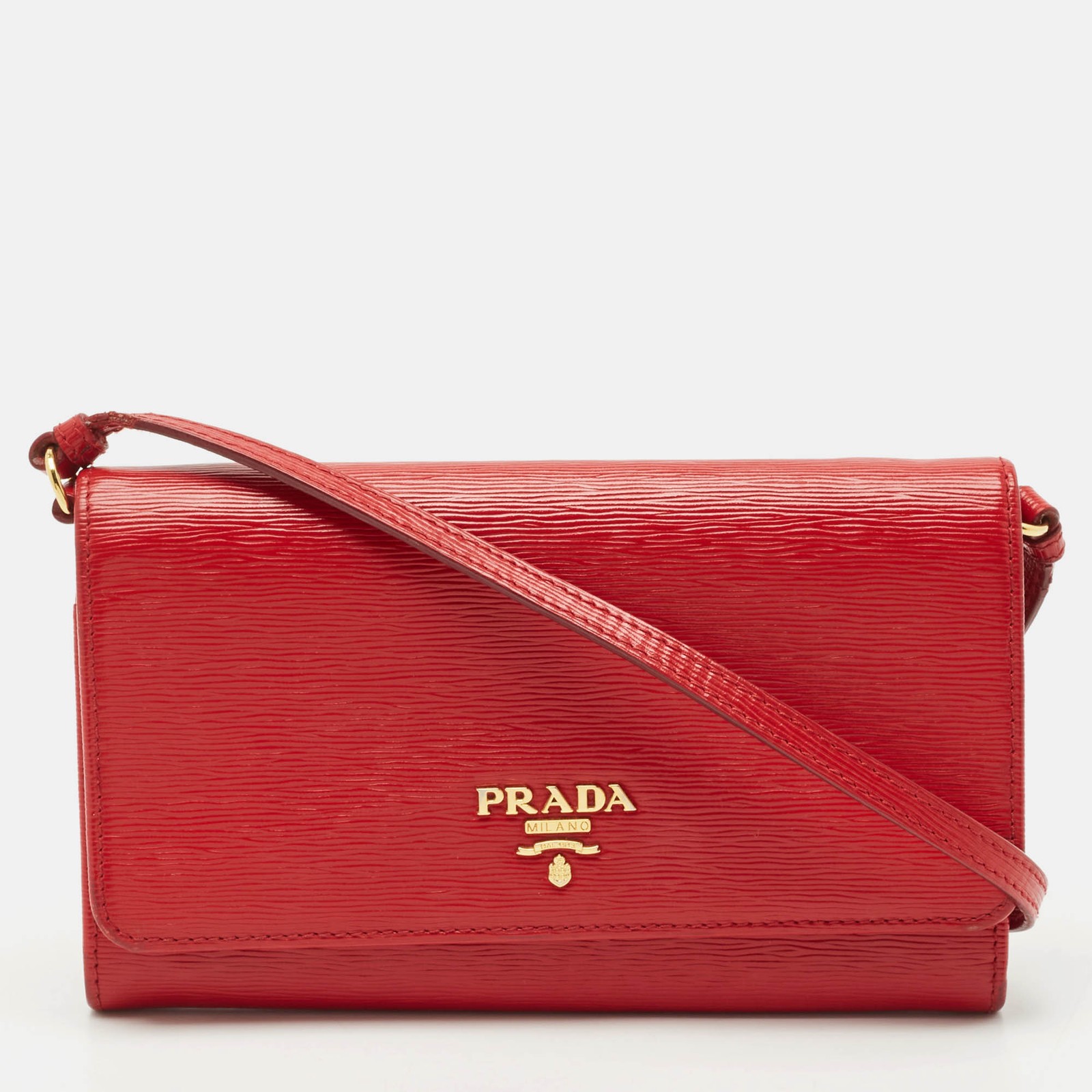 Prada Red Vitello Move Leather Wallet On Strap