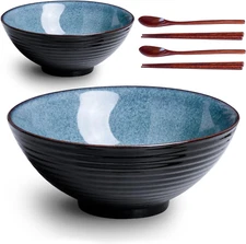 8 Inch Ceramic Ramen Bowl Set of 2, Porcelain 40 Oz Japanese Udon Soba Pho As...