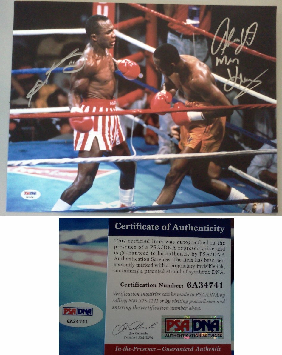 boxing SUGAR RAY LEONARD & THOMAS HITMAN HEARNS with PSA DNA COA AUTOGRAPH LC10