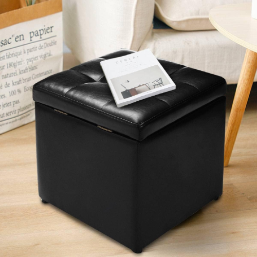 Storage Ottoman, Faux Leather Foot Stool with Hinge and Padded Seat, Cube Bench - Afbeelding 1 van 14