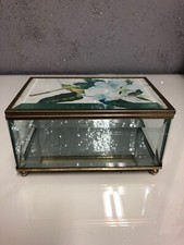 Vintage Etched Glass Flower and Brass Mirrored Hinged Footed Trinket Box