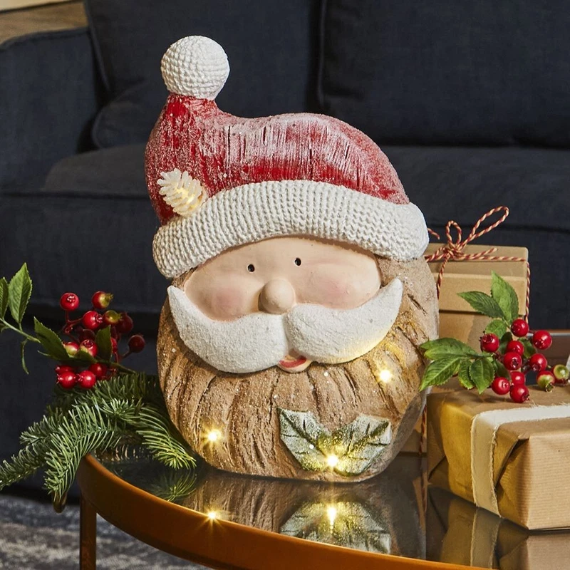 Babbo Natale Statua Decorazione Natalizia 35 cm Addobbo LED con Agrifoglio, fotografia 6 di 10