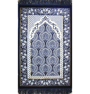 Plush Ipek Islamic Turkish Janamaz Sajada Prayer Rug Dark Blue Floral