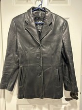 Vintage Ms. Maxima Size Small Black Leather Button Down Jacket Collared Coat