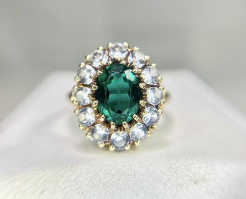 Vintage 10k Gelbgold Oval Grün Smaragd Kubik Zirkonia Cocktail Ring