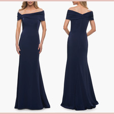 HOLE 389 La Femme 10 Off the Shoulder Trumpet Gown in Navy Blue J841