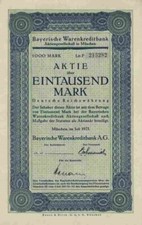 Bayerische Warenkreditbank AG 1923 M&uuml;nchen Warenkredit Berlin 1000 Mark Bankhaus