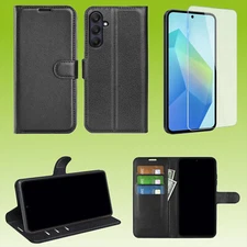For Samsung Models Faux Leather Book Wallet Phone Case Cover + 9H Tempered Glass
