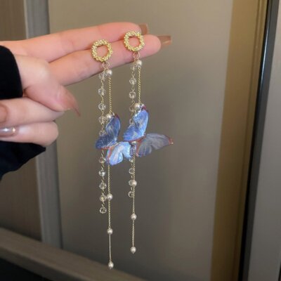 Fashion Butterfly Crystal Pearl Tassel Earrings Stud Women Drop Dangle Jewellery