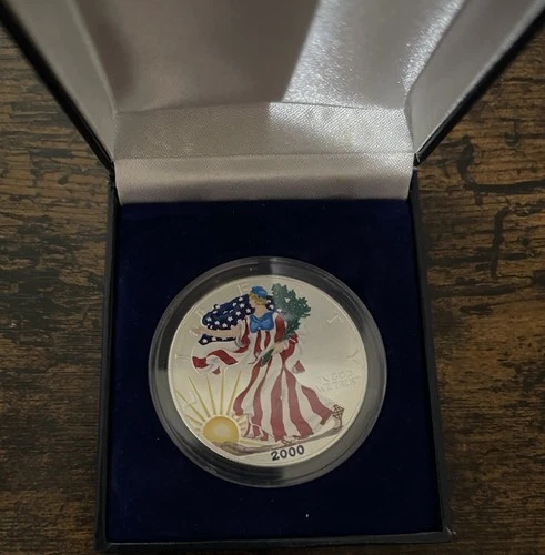 2000 American Silver Eagle Dollar 1 oz fine silver in BOX  Unc. Colored