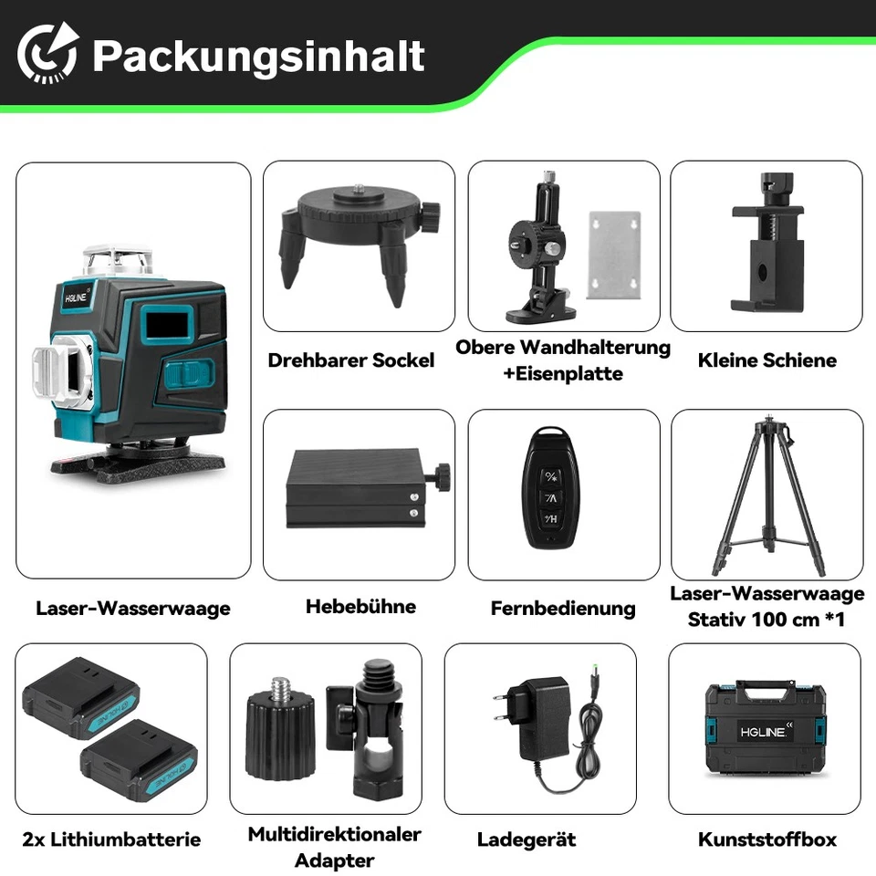 16 Line Laser Level Wasserwaage 4D 360° Kreuzlinienlaser Kit mit Koffer + Stativ - Bild 2 von 4