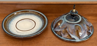 #ad Vintage Bill Campbell Studio Art Pottery Oil Lamp Burner Drip Glaze Saucer $28.00