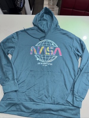 NASA Men s Large Hoodie For The Benefit Of All Teal Retro Graphic Logo