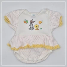 Vintage 90's Looney Tunes Bugs Bunny Tweety Polka Dot Ruffle Romper Size 3 Month