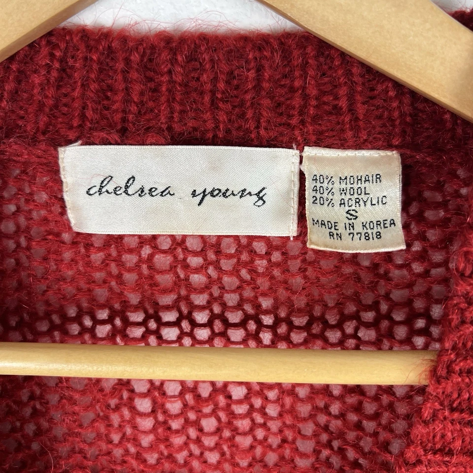 Vintage 90s Chelsea Young Red Chunky Knit Mohair Cardigan Sweater Sz S Oversized - Image 3 of 4