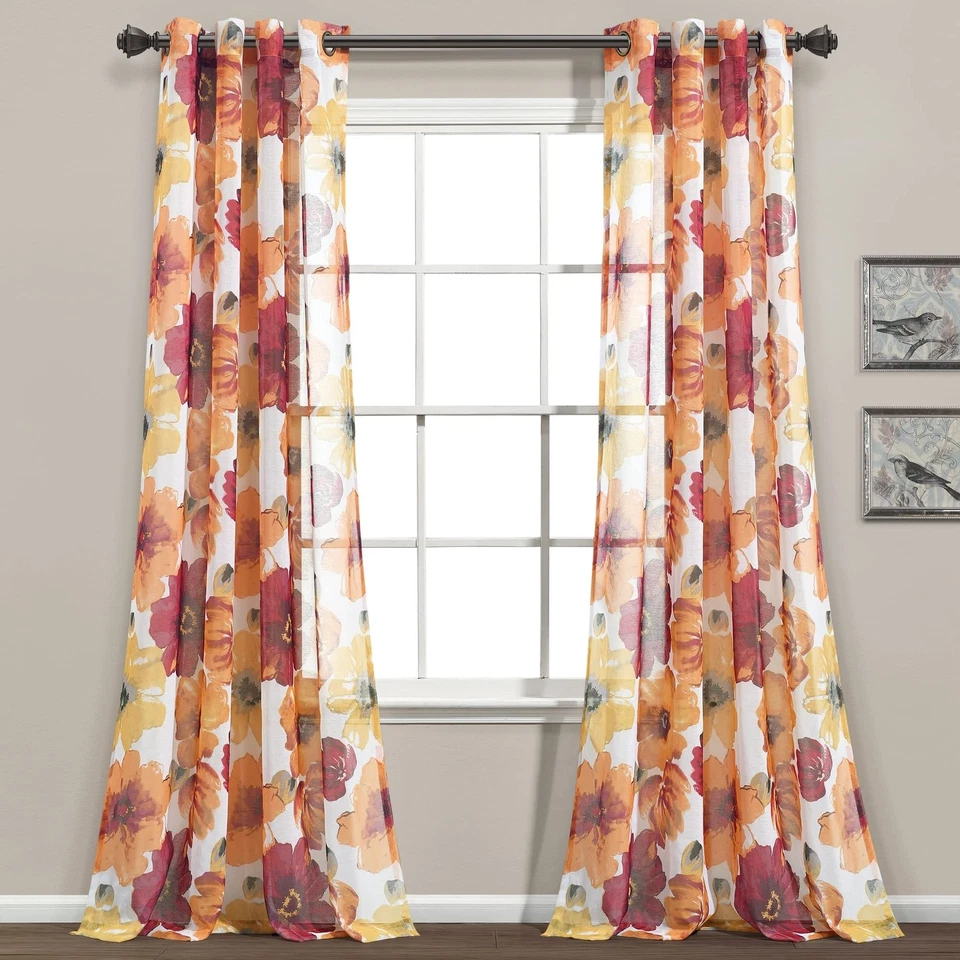 Pack de 2 cortinas transparentes Leah diseño floral 52x84 paneles rojo naranja Foto 4 de 4