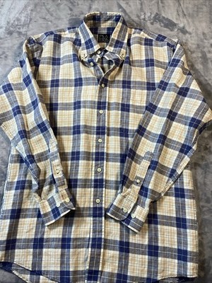Joseph A Bank Travelers 100% Linen Blue Beige Plaid Button Plaid Shirt Sz S