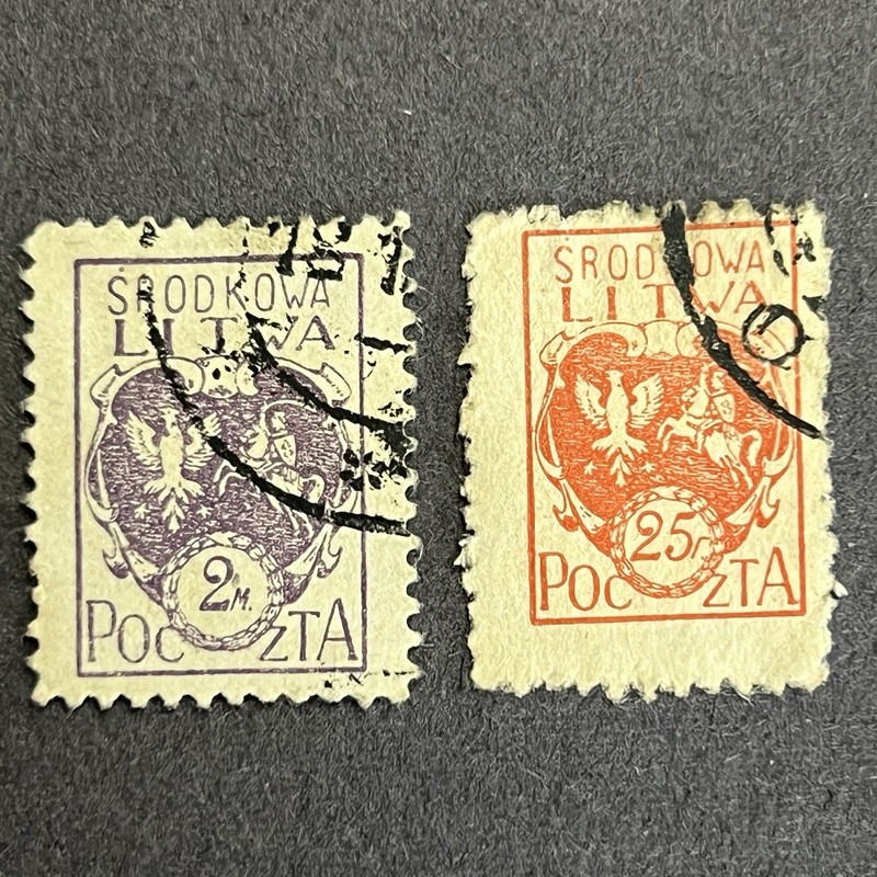 1930-1921 2 Cancelled Hinged Stamps - Central Lithuania