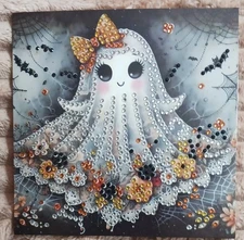 Finished Halloween Cute Ghost Diamond Art Greeting Card with Envelope #3