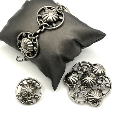Vintage Elsa Schiaparelli Silver Tone Domed Scroll Brooch Bracelet Set