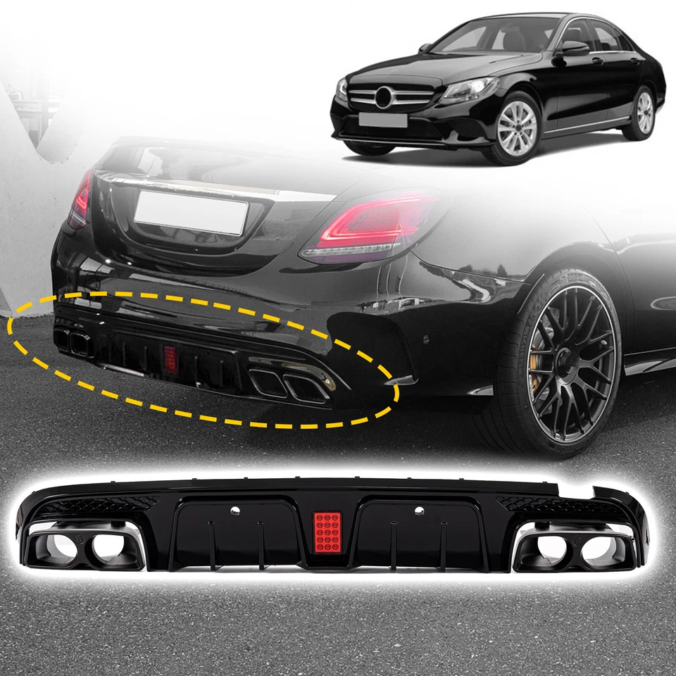 Labio difusor parachoques trasero negro brillante para Benz W205 C63 AMG sedán con escape 15-21 Foto 2 de 4
