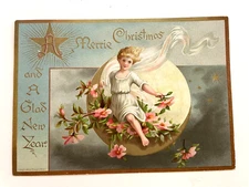 Joyful 1880's Christmas Card w/ Sweet Girl Sitting On Pink Flowers-Prang *