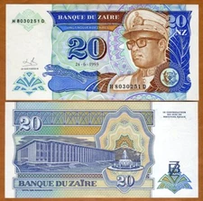 Zaire, 20 New Zaires, 1993, P-56, UNC