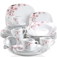 VEWEET ANNIE Dinnerware Set 30Pcs Porcelain Pink Floral Tableware Plate Bowl Set