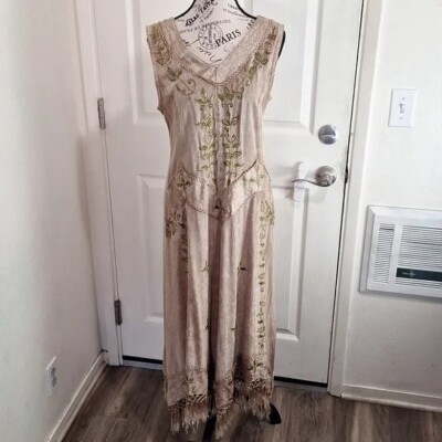 embroidered fringe long dress Francoise Antique Hand Embroidered Silk Crepe Parisian Garden Dress wi –  Jill Garber Couture main image 1