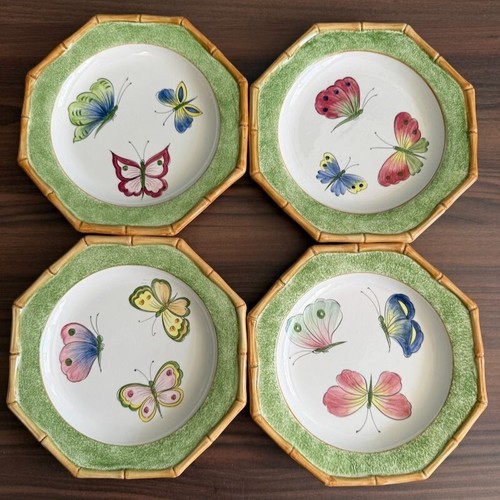 4 Mariposa Italy Butterfly Bamboo Hand Painted Octagonal 8" Dessert Plates