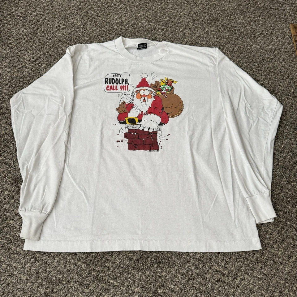 Vintage Santa Claus T Shirt Mens XL 90s Christmas Rudolph Call 911 Humor Graphic - Image 2 of 4