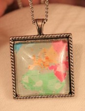 Lovely Bead Rim Square Silvertone Map of Africa Europe Russia Pendant Necklace