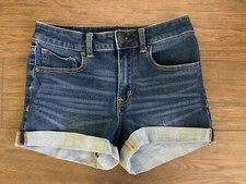 Aeropostale High Rise Midi Jean Shorts Blue Cut Off Cuffed Stretch Junior Size 6
