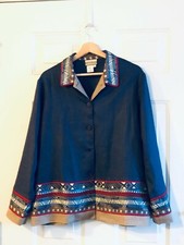 NEW Coldwater Creek Sz L Womens 100 Linen Shirt Jacket Button Navy  Multi Trim