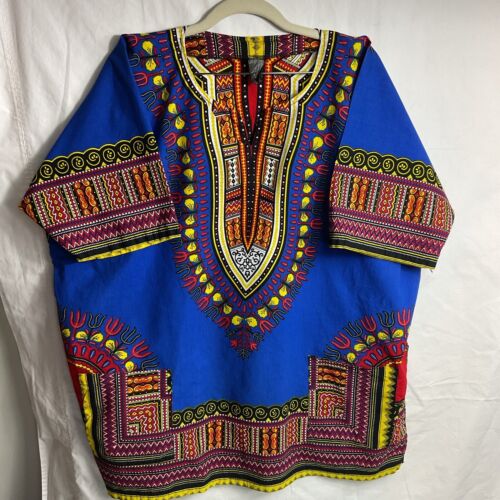 African Print Multicolor Short Sleeve Cotton Shirt Men Large 2-Pocket V-Neck - Afbeelding 1 van 3