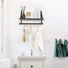 Bathroom Shelf with Towel Rack and 6 Hooks Rustic Storage Floating Wall Mounted