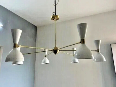 Modern Mid Century Stilnovo Style 6 Arm 12 Light Brass Sputnik Chandelier Light