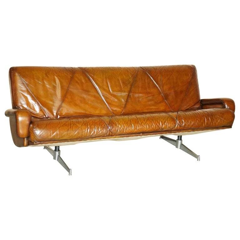FULLY RESTORED VINTAGE MID CENTURY MODERN HAND DYED BROWN LEATHER STYLISH SOFA