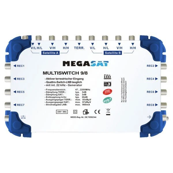 Megasat Multi Interruptor 9/8 Multiswitch Distribuidor 2 Satélites 8 Salidas DiSEqC