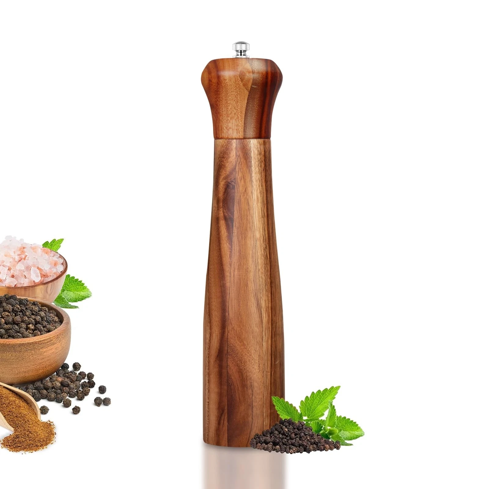 1 Pack - 10 Inch tall Acacia Wood Pepper Grinder or Salt Mill Elegant Pepper ...