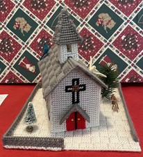 Vintage Handmade Plastic Canvas Yarn Church Christmas Village