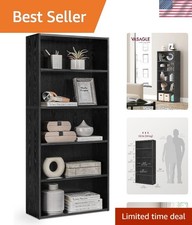 Ebony Black 5-Tier Book Shelf - Adjustable, Space-Saving Unit for Home/Office