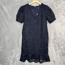 Express Floral Lace Dress Womens XS Navy V-Neck Puff Sleeve Ruffle Hem Lined NEW
