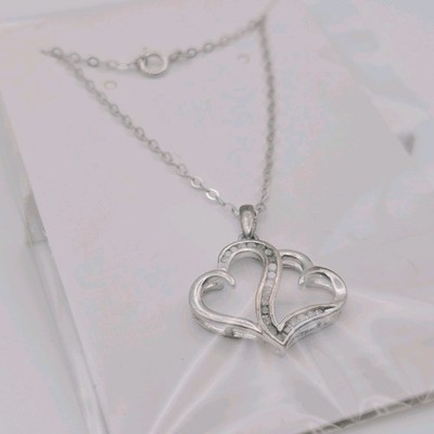 Genuine Diamond Hearts Pendant & Chain Necklace 925  Silver Presidium Tested VTG