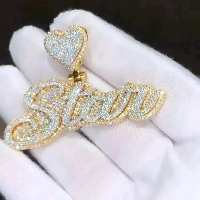 3 Ct Round Cut REAL Moissanite Customized Name Pendant 14K Yellow Gold Plated