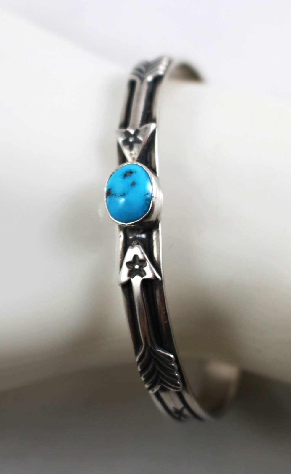 Joe Begay Signed Sterling Silver & Oval Turquoise Arrow Cuff Bracelet