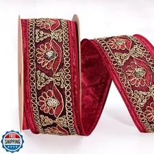 LaRibbons Red Christmas Ribbon Wired, 2.5 Inch x 10 Yards Red and Gold Embroi