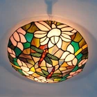 Mission Vintage Tiffany Pink Stained Glass Dragonfly Flush Mount Ceiling Lamp